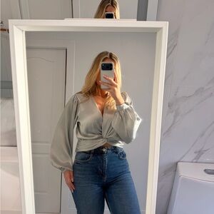 Elegant Silver Blouse with Balloon Sleeves